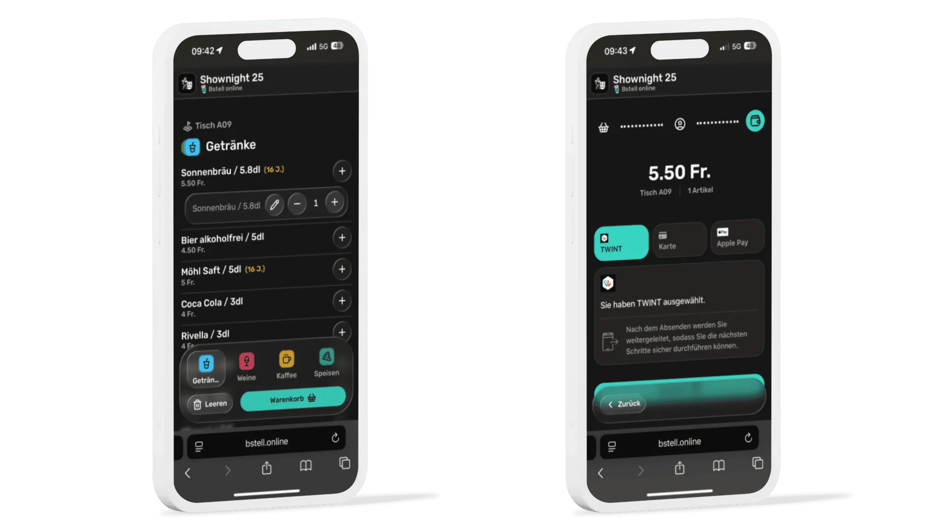 Ansicht der Kunden beim Bestellen per QR-Code