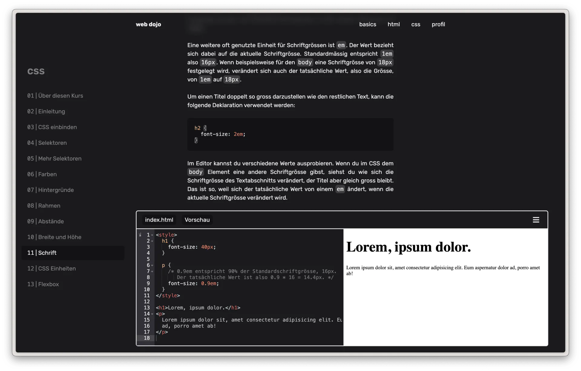 Beispiel eines Kurses im Web Dojo